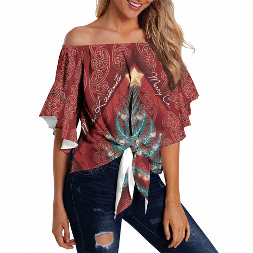 Aotearoa Maori Mangopare Meri Kirihimete Off Shoulder Wrap Waist Top Christmas Fern