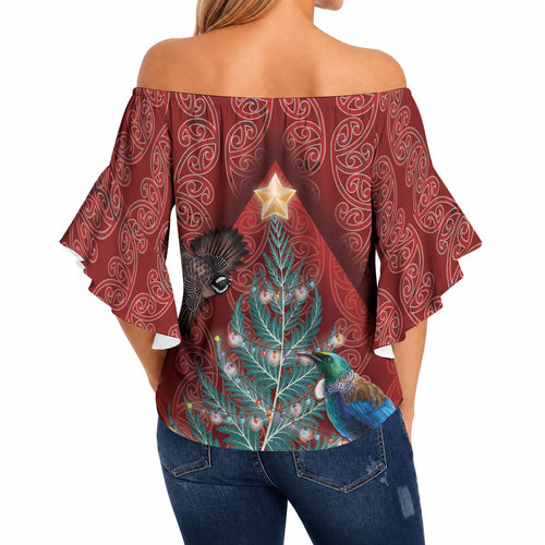 Aotearoa Maori Mangopare Meri Kirihimete Off Shoulder Wrap Waist Top Christmas Fern