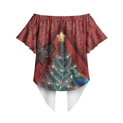 Aotearoa Maori Mangopare Meri Kirihimete Off Shoulder Wrap Waist Top Christmas Fern