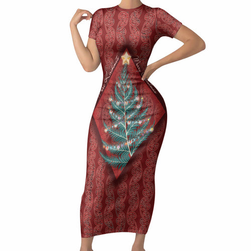Aotearoa Maori Mangopare Meri Kirihimete Short Sleeve Bodycon Dress Christmas Fern