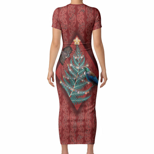 Aotearoa Maori Mangopare Meri Kirihimete Short Sleeve Bodycon Dress Christmas Fern