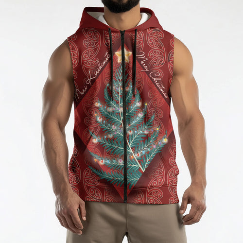 Aotearoa Maori Mangopare Meri Kirihimete Sleeveless Zip Hoodie Christmas Fern