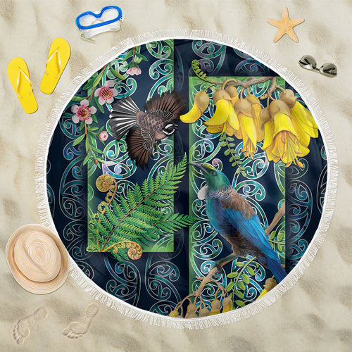 Aotearoa Maori Mangopare Christmas Beach Blanket Pikawakawa and Tui