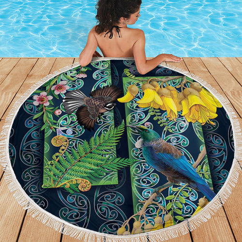 Aotearoa Maori Mangopare Christmas Beach Blanket Pikawakawa and Tui