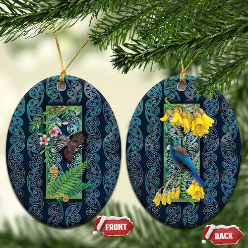 Aotearoa Maori Mangopare Christmas Ceramic Ornament Pikawakawa and Tui