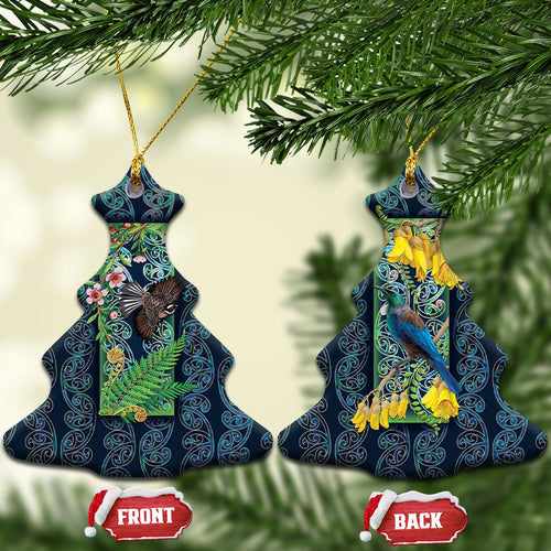 Aotearoa Maori Mangopare Christmas Ceramic Ornament Pikawakawa and Tui
