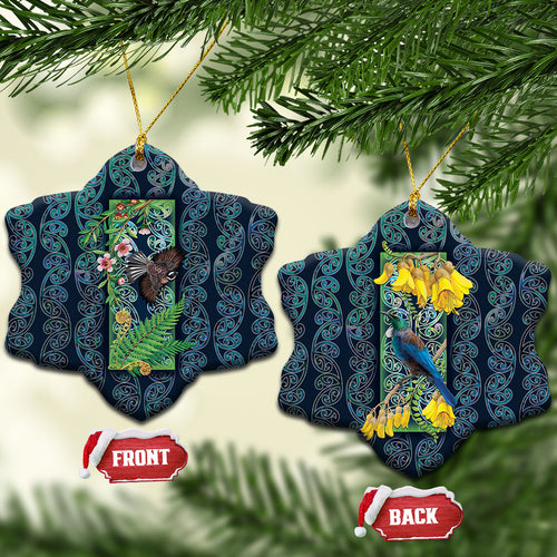 Aotearoa Maori Mangopare Christmas Ceramic Ornament Pikawakawa and Tui