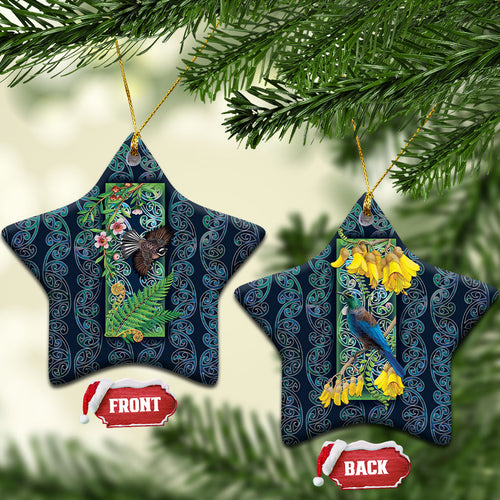 Aotearoa Maori Mangopare Christmas Ceramic Ornament Pikawakawa and Tui