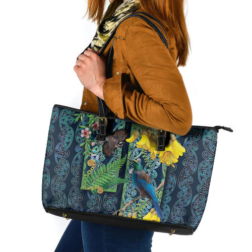 Aotearoa Maori Mangopare Christmas Leather Tote Bag Pikawakawa and Tui