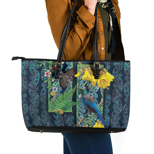 Aotearoa Maori Mangopare Christmas Leather Tote Bag Pikawakawa and Tui