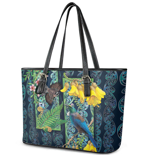 Aotearoa Maori Mangopare Christmas Leather Tote Bag Pikawakawa and Tui