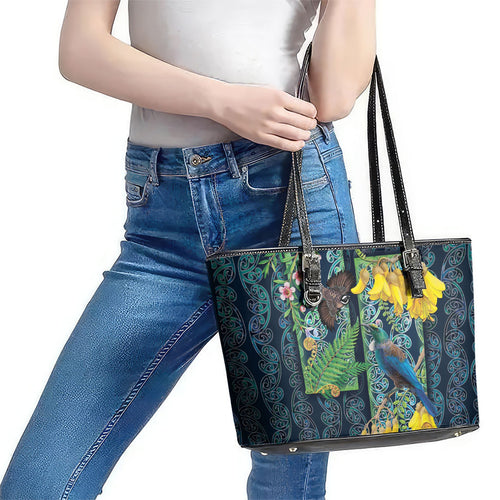 Aotearoa Maori Mangopare Christmas Leather Tote Bag Pikawakawa and Tui