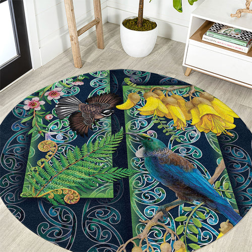 Aotearoa Maori Mangopare Christmas Round Carpet Pikawakawa and Tui
