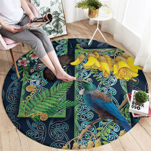 Aotearoa Maori Mangopare Christmas Round Carpet Pikawakawa and Tui
