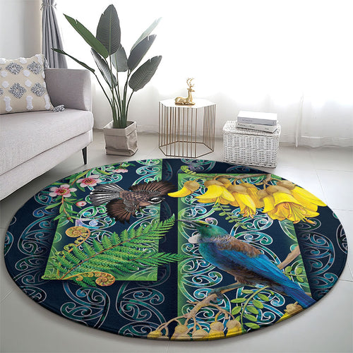 Aotearoa Maori Mangopare Christmas Round Carpet Pikawakawa and Tui