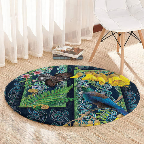Aotearoa Maori Mangopare Christmas Round Carpet Pikawakawa and Tui