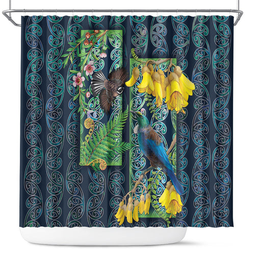 Aotearoa Maori Mangopare Christmas Shower Curtain Pikawakawa and Tui