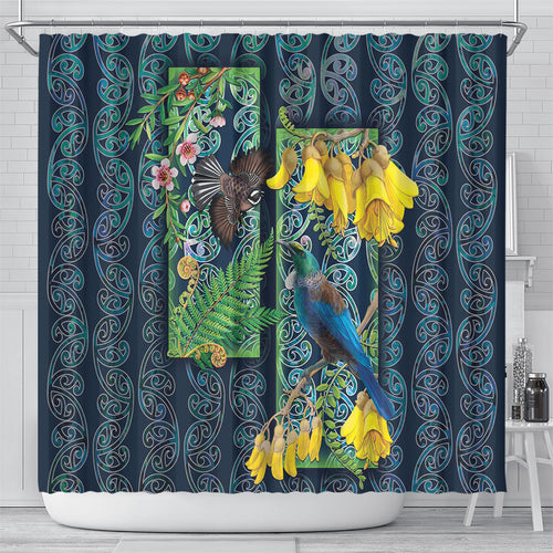 Aotearoa Maori Mangopare Christmas Shower Curtain Pikawakawa and Tui