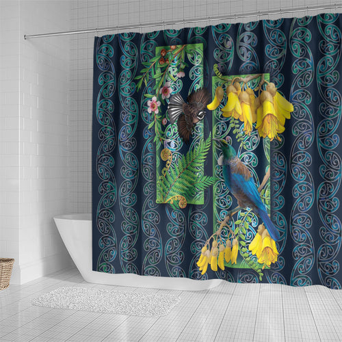 Aotearoa Maori Mangopare Christmas Shower Curtain Pikawakawa and Tui