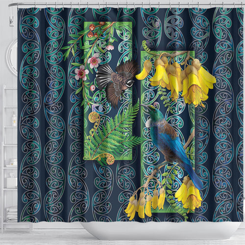 Aotearoa Maori Mangopare Christmas Shower Curtain Pikawakawa and Tui