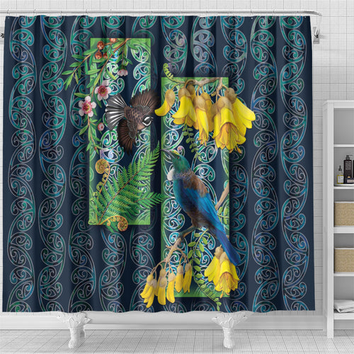 Aotearoa Maori Mangopare Christmas Shower Curtain Pikawakawa and Tui