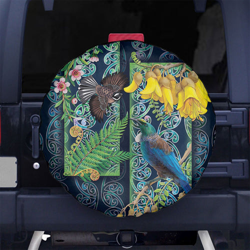 Aotearoa Maori Mangopare Christmas Spare Tire Cover Pikawakawa and Tui