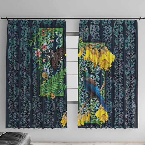 Aotearoa Maori Mangopare Christmas Window Curtain Pikawakawa and Tui