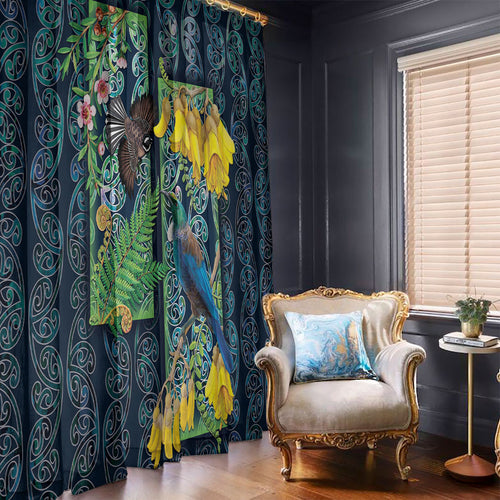 Aotearoa Maori Mangopare Christmas Window Curtain Pikawakawa and Tui