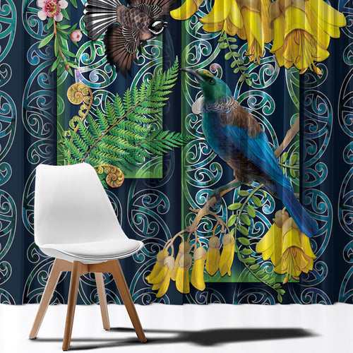 Aotearoa Maori Mangopare Christmas Window Curtain Pikawakawa and Tui