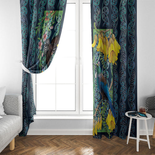 Aotearoa Maori Mangopare Christmas Window Curtain Pikawakawa and Tui