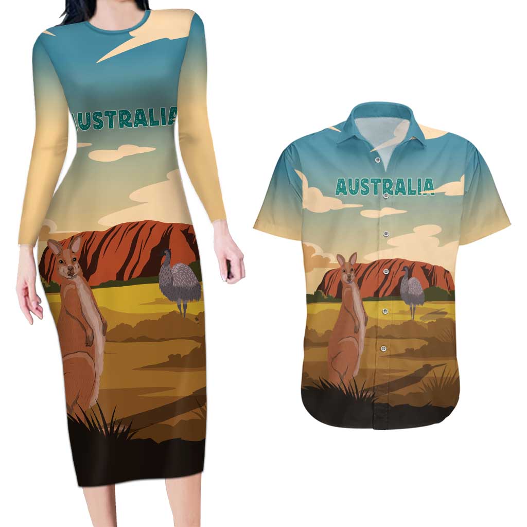 Australia Personalized Couples Matching Long Sleeve Bodycon Dress and Hawaiian Shirt Uluru Scenery