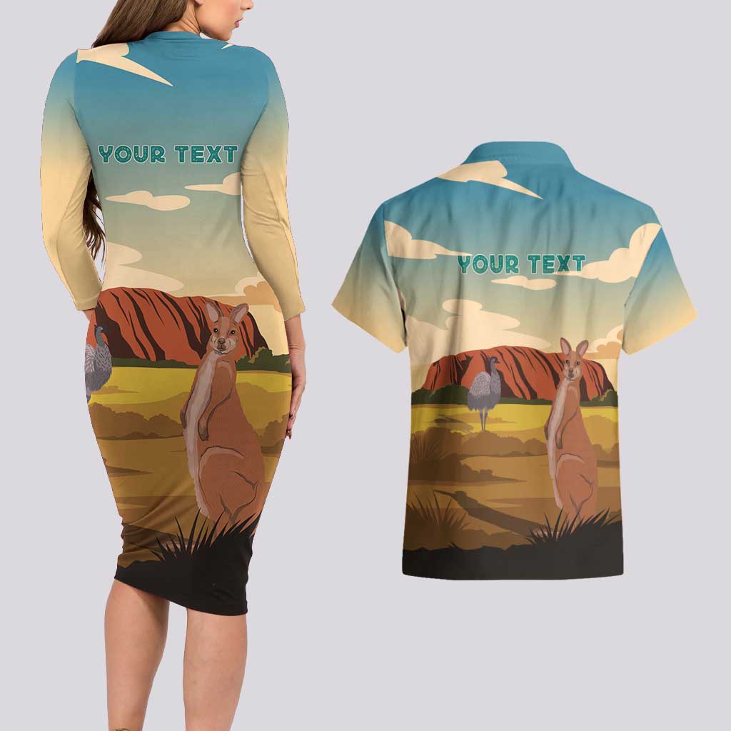 Australia Personalized Couples Matching Long Sleeve Bodycon Dress and Hawaiian Shirt Uluru Scenery
