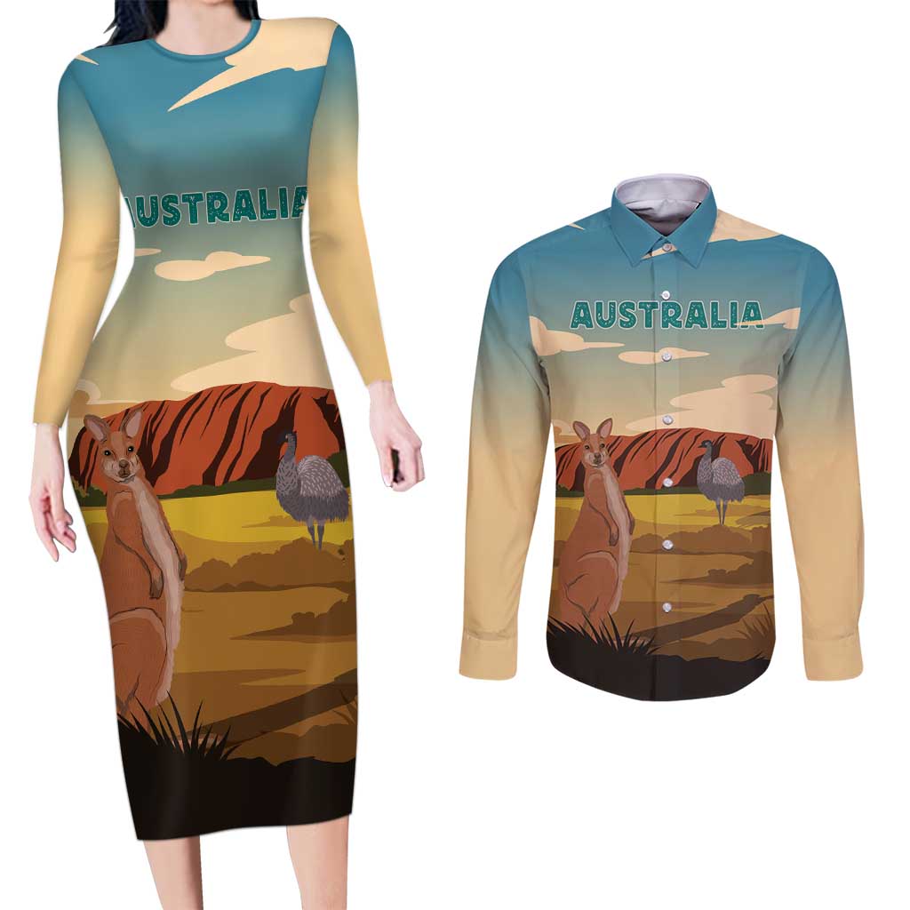 Australia Personalized Couples Matching Long Sleeve Bodycon Dress and Long Sleeve Button Shirt Uluru Scenery