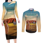 Australia Personalized Couples Matching Long Sleeve Bodycon Dress and Long Sleeve Button Shirt Uluru Scenery