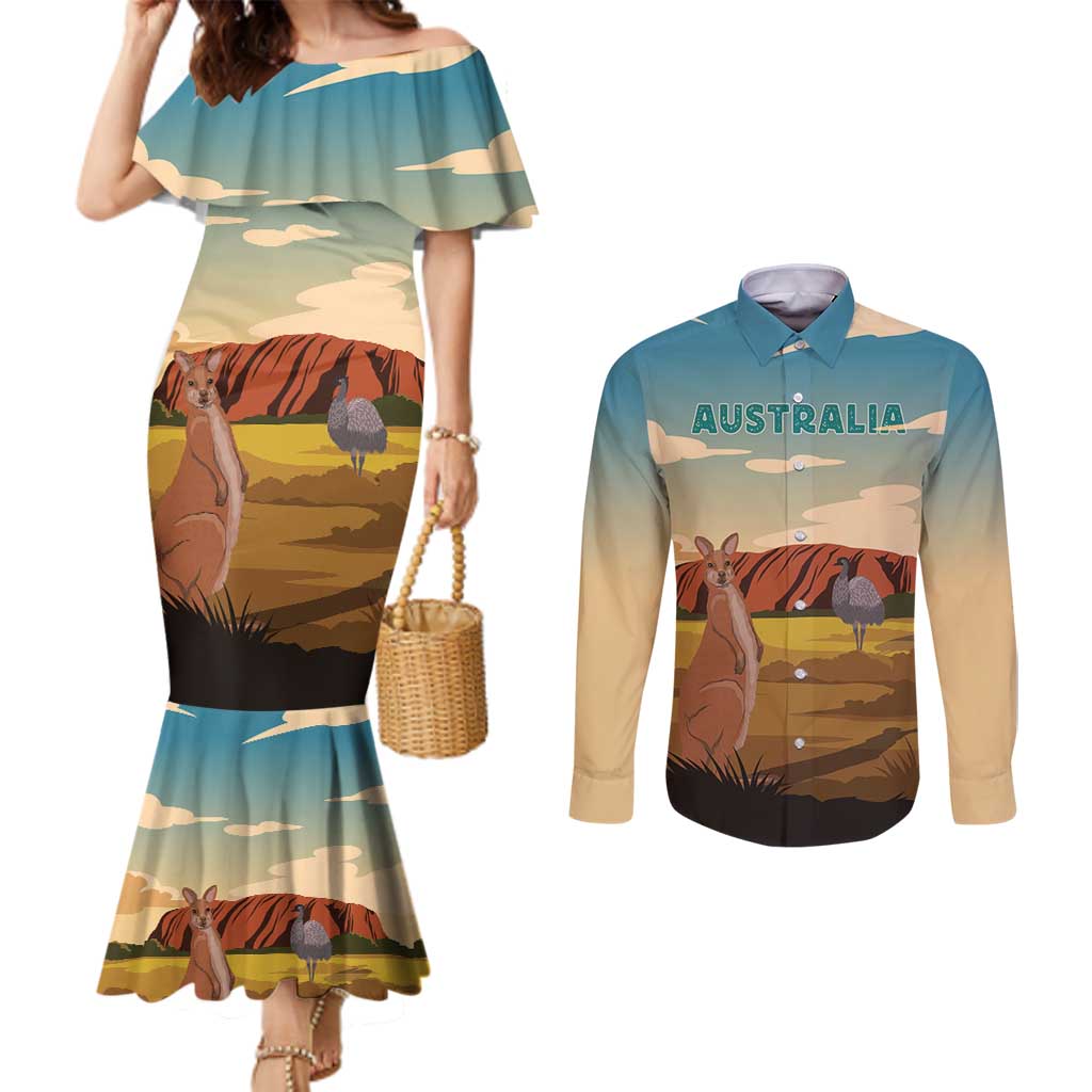 Australia Personalized Couples Matching Mermaid Dress and Long Sleeve Button Shirt Uluru Scenery