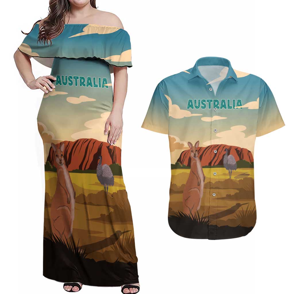 Australia Personalized Couples Matching Off Shoulder Maxi Dress and Hawaiian Shirt Uluru Scenery