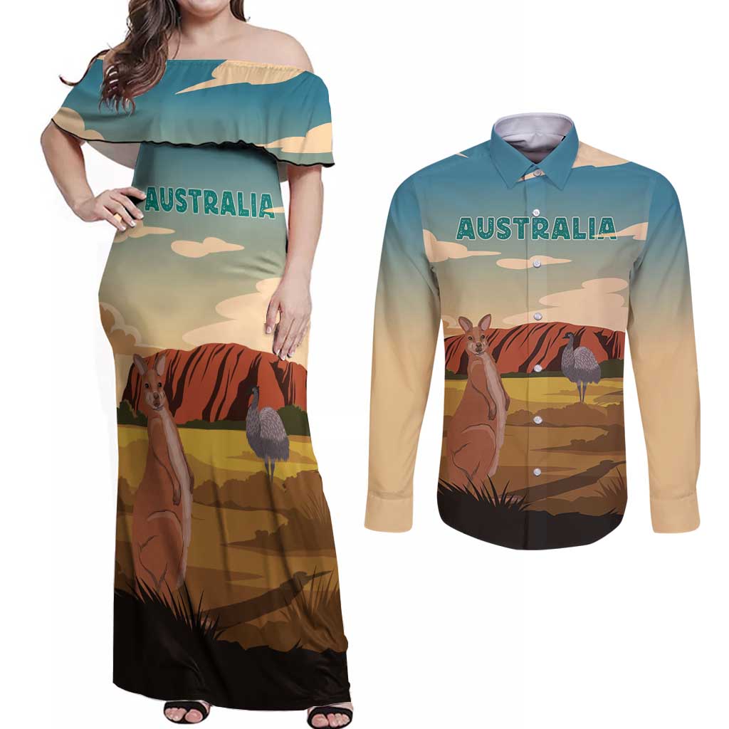 Australia Personalized Couples Matching Off Shoulder Maxi Dress and Long Sleeve Button Shirt Uluru Scenery
