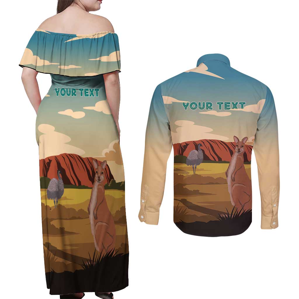 Australia Personalized Couples Matching Off Shoulder Maxi Dress and Long Sleeve Button Shirt Uluru Scenery