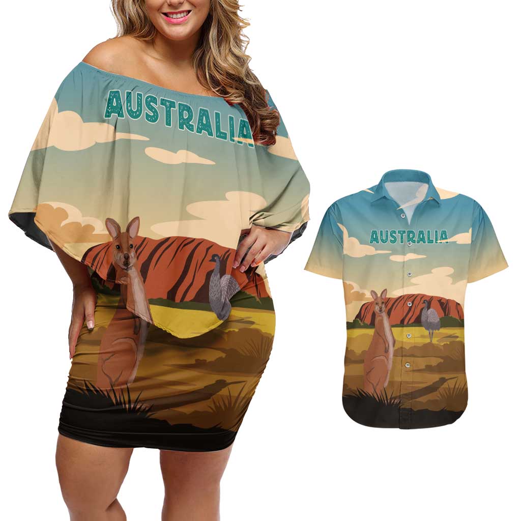 Australia Personalized Couples Matching Off Shoulder Short Dress and Hawaiian Shirt Uluru Scenery