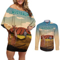 Australia Personalized Couples Matching Off Shoulder Short Dress and Long Sleeve Button Shirt Uluru Scenery
