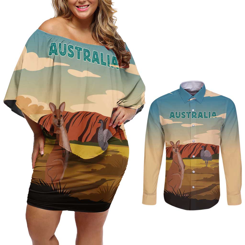 Australia Personalized Couples Matching Off Shoulder Short Dress and Long Sleeve Button Shirt Uluru Scenery