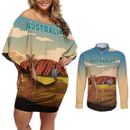 Australia Personalized Couples Matching Off Shoulder Short Dress and Long Sleeve Button Shirt Uluru Scenery
