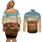 Australia Personalized Couples Matching Off Shoulder Short Dress and Long Sleeve Button Shirt Uluru Scenery