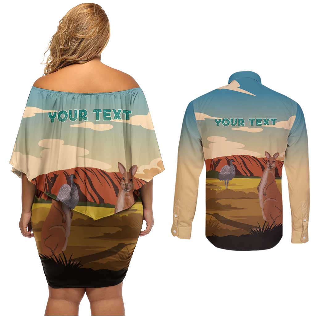 Australia Personalized Couples Matching Off Shoulder Short Dress and Long Sleeve Button Shirt Uluru Scenery