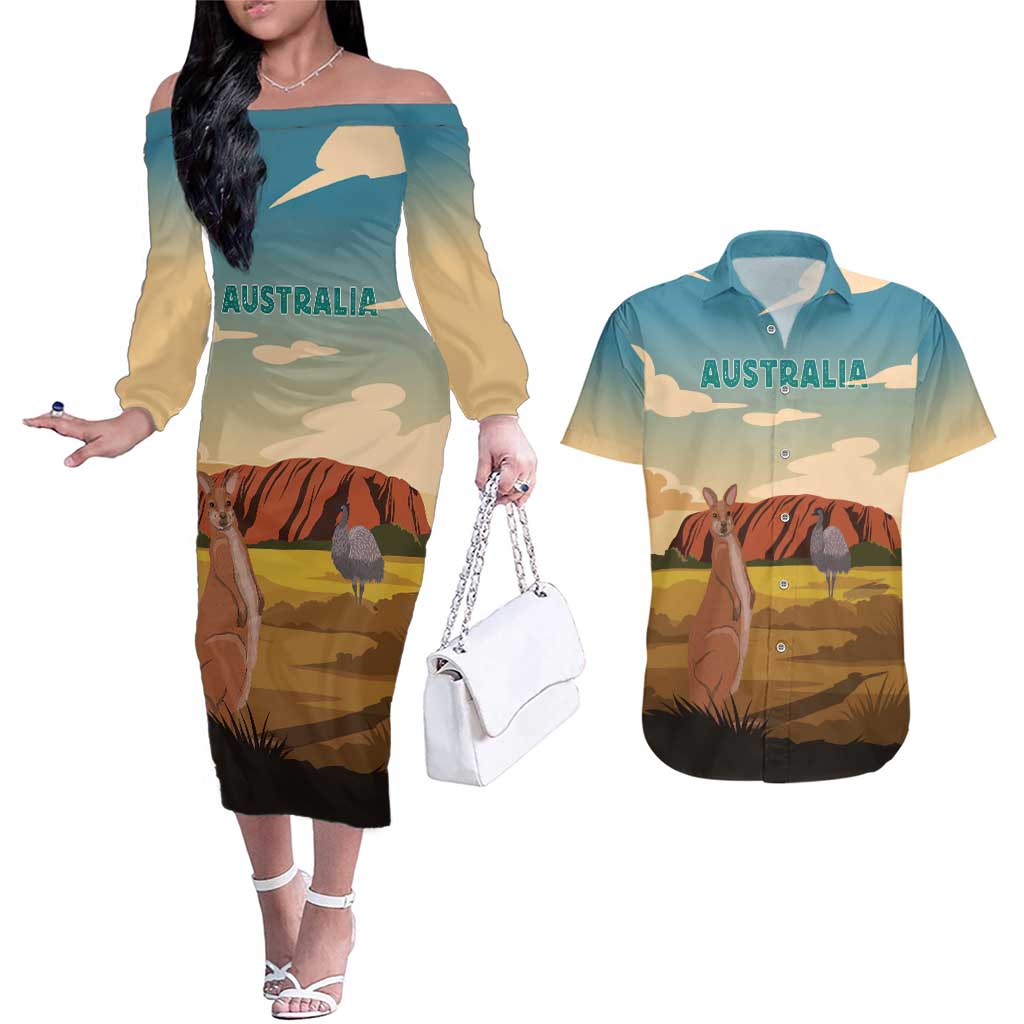 Australia Personalized Couples Matching Off The Shoulder Long Sleeve Dress and Hawaiian Shirt Uluru Scenery