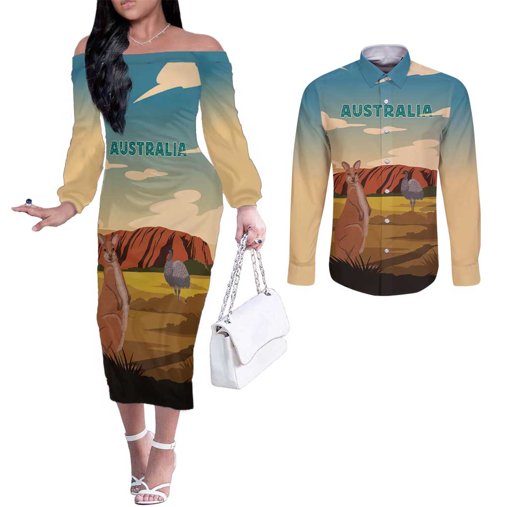 Australia Personalized Couples Matching Off The Shoulder Long Sleeve Dress and Long Sleeve Button Shirt Uluru Scenery
