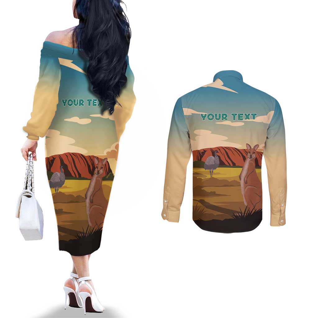 Australia Personalized Couples Matching Off The Shoulder Long Sleeve Dress and Long Sleeve Button Shirt Uluru Scenery