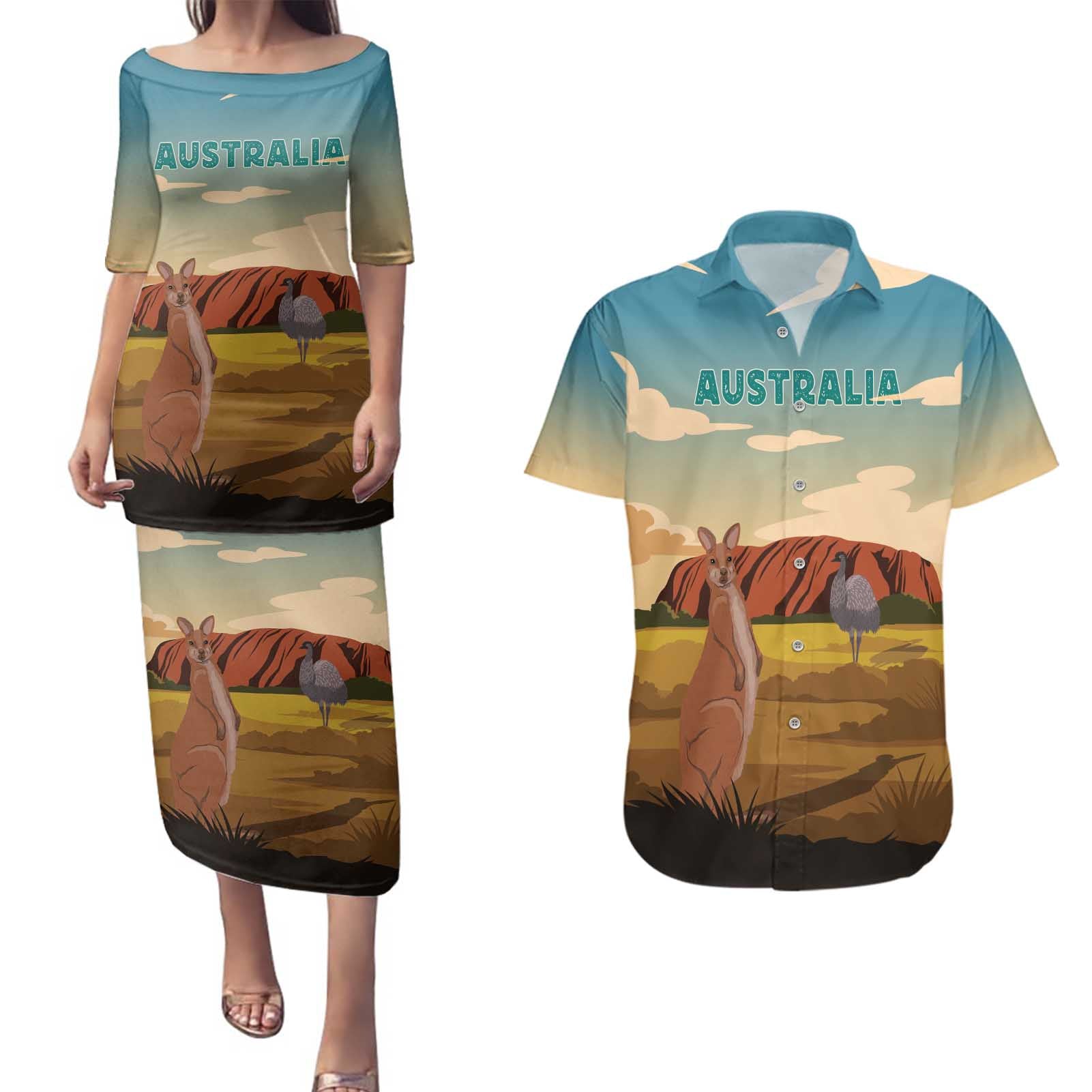 Australia Personalized Couples Matching Puletasi and Hawaiian Shirt Uluru Scenery