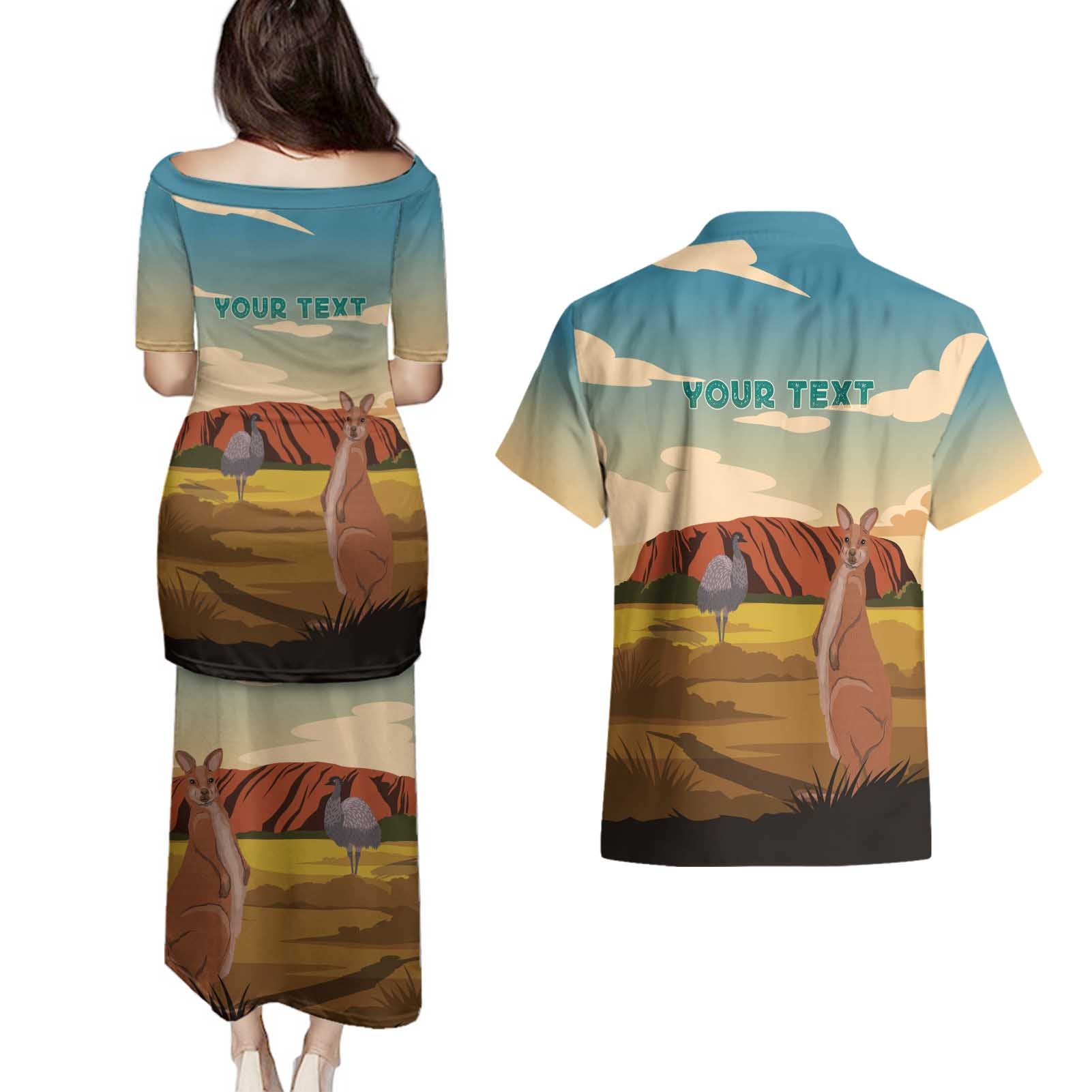 Australia Personalized Couples Matching Puletasi and Hawaiian Shirt Uluru Scenery