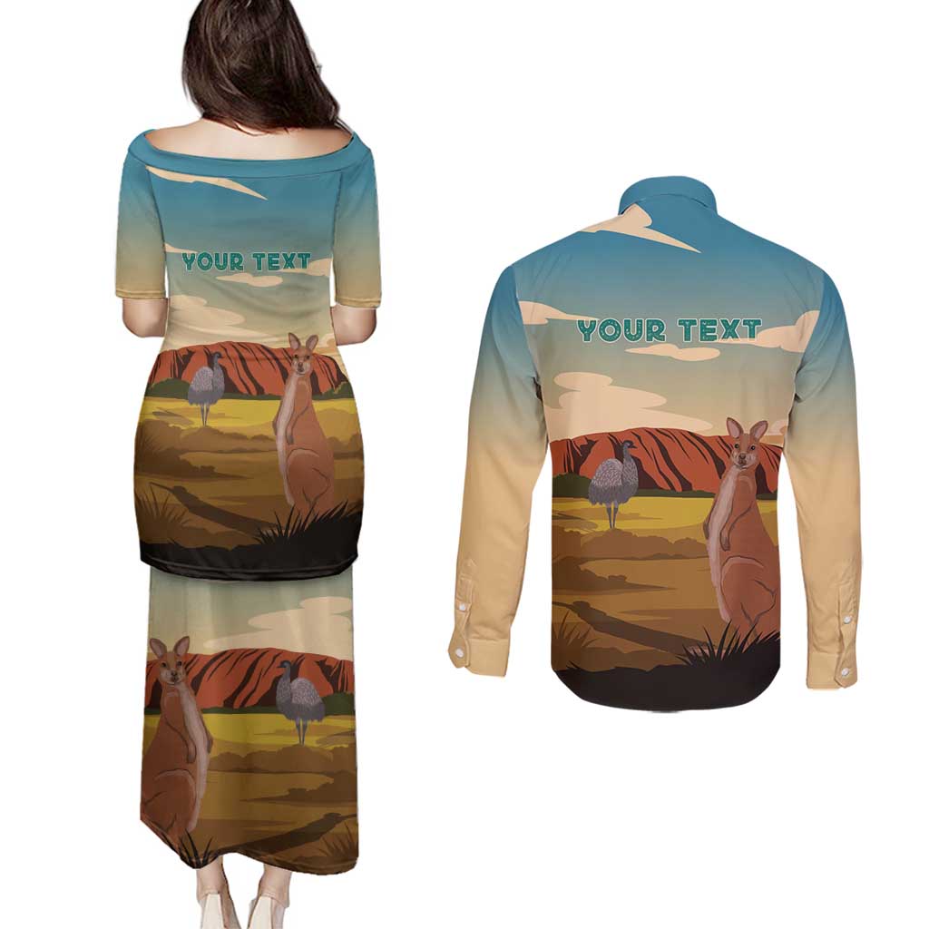 Australia Personalized Couples Matching Puletasi and Long Sleeve Button Shirt Uluru Scenery